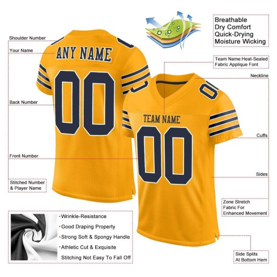 Authentisches gold-marineblau-weißes Fußball-Mesh-Trikot nach Maß Authentisches gold-marineblau-weißes Fußball-Mesh-Trikot nach Maß