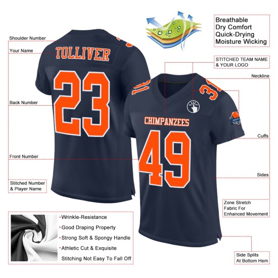 Benutzerdefiniertes orange-weißes Mesh-Fußballtrikot in Marineblau, authentisch Benutzerdefiniertes orange-weißes Mesh-Fußballtrikot in Marineblau, authentisch