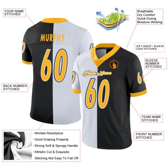 Gold-Weißes Trikot Mode Benutzerdefinierte Schwarzes Split Football Mesh Gold-Weißes Trikot Mode Benutzerdefinierte Schwarzes Split Football Mesh
