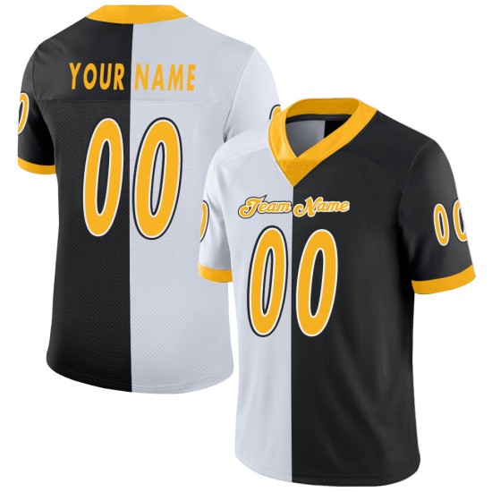 Gold-Weißes Trikot Mode Benutzerdefinierte Schwarzes Split Football Mesh Gold-Weißes Trikot Mode Benutzerdefinierte Schwarzes Split Football Mesh