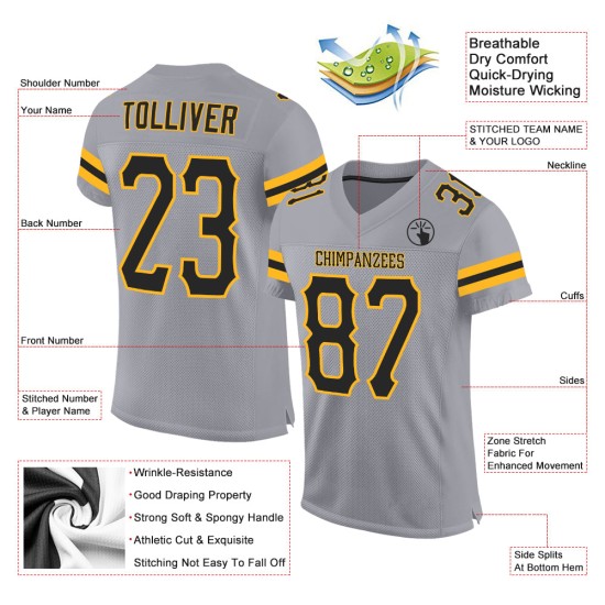 Benutzerdefiniertes graues Mesh-Trikot Authentic Black-Gold Light Football Benutzerdefiniertes graues Mesh-Trikot Authentic Black-Gold Light Football