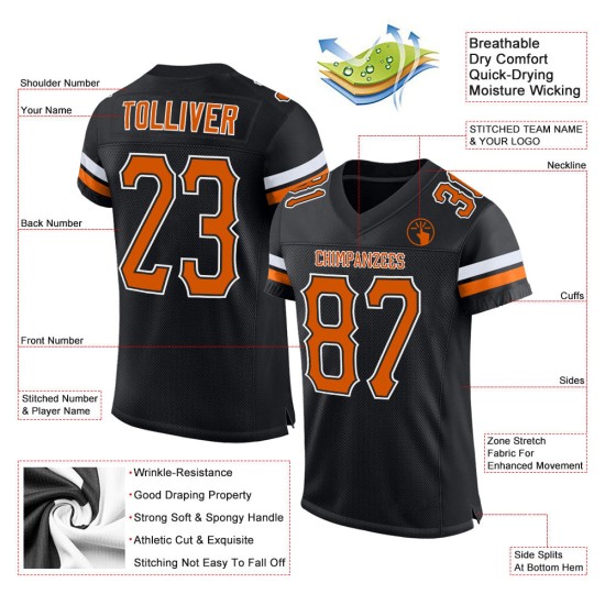 Benutzerdefiniertes authentisches schwarzes orange-weißes Texas Football-Trikot Benutzerdefiniertes authentisches schwarzes orange-weißes Texas Football-Trikot
