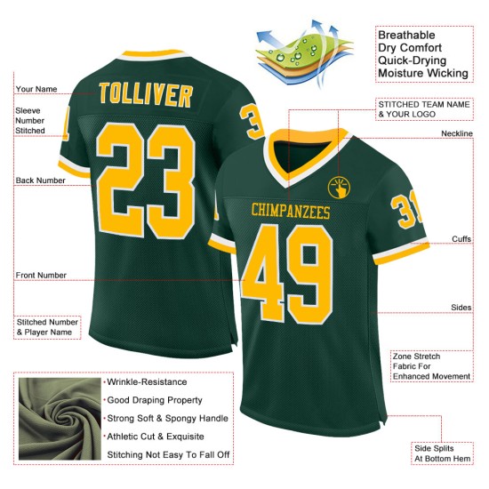 Authentischer, individuell gestalteter grüner Throwback-Fußball aus gold-weißem Mesh-Jersey Authentischer, individuell gestalteter grüner Throwback-Fußball aus gold-weißem Mesh-Jersey