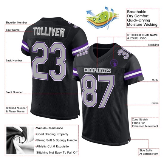 Schwarzes authentisches Mesh-Grau-Lila-Trikot Custom Football Schwarzes authentisches Mesh-Grau-Lila-Trikot Custom Football
