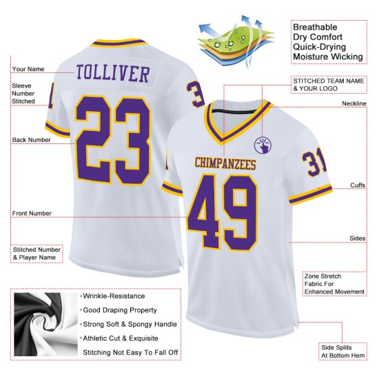 Football Weiß Lila-Gold Custom Mesh Authentic Jersey Throwback Football Weiß Lila-Gold Custom Mesh Authentic Jersey Throwback