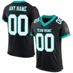Schwarzes authentisches, individuell gestaltetes Fußballtrikot aus weiß-aquamarinem Mesh Schwarzes authentisches, individuell gestaltetes Fußballtrikot aus weiß-aquamarinem Mesh