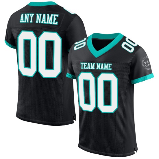 Schwarzes authentisches, individuell gestaltetes Fußballtrikot aus weiß-aquamarinem Mesh Schwarzes authentisches, individuell gestaltetes Fußballtrikot aus weiß-aquamarinem Mesh